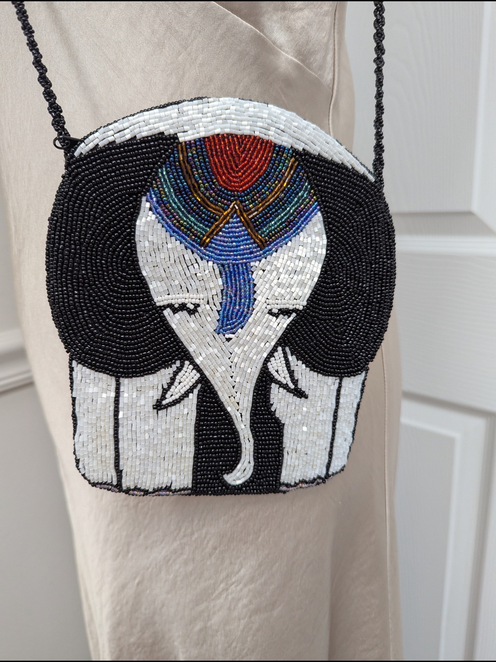Beaded Elephant Crossbody Bag - Black, White, Multicolor